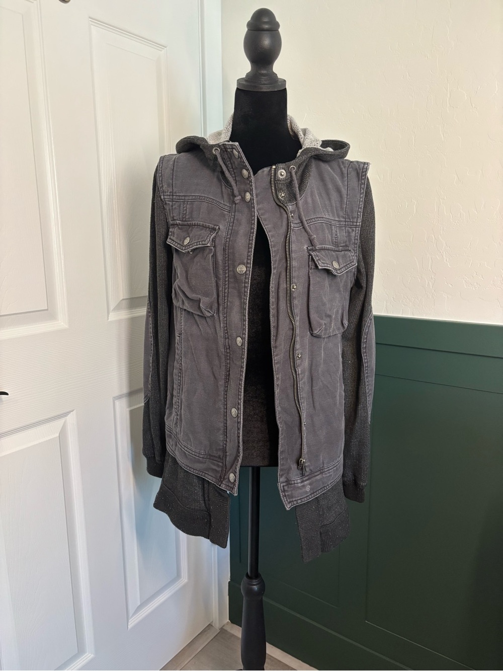 Free People Hooded Utility Jacket Sweater Mix Media Gray S - Picture 2 of 16
